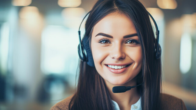 H&uuml;bsche junge Frau mit einem Headset in einem Supportcenter, generative KI