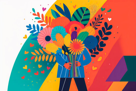 A vibrant and colorful image of a man holding a bouquet of flowers. Representing joy, celebration and appreciation, it's perfect for marketing campaigns related to gratitude. Generative AI