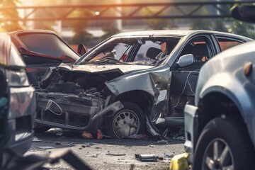 Damaged in heavy car accident vehicles after collision on city street crash site Generative AI