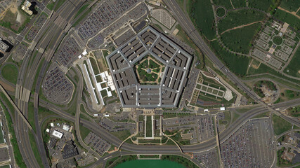 Pentagon in Washington building looking down aerial view from above, Bird’s eye view Pentagon,...