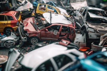 Fototapeta premium Damaged in heavy car accident vehicles after collision on city street crash site Generative AI