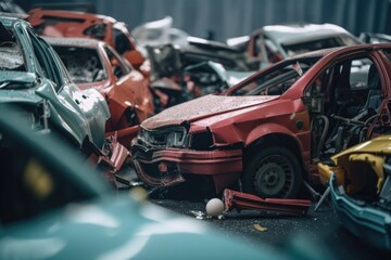 Damaged in heavy car accident vehicles after collision on city street crash site Generative AI