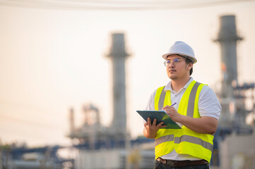 Asian man petrochemical engineer working at oil and gas refinery plant industry factory,The people worker man engineer work control at power plant energy industry manufacturing