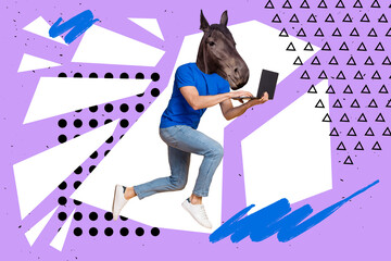 Creative unusual picture collage of person with horse face using netbook running follow sale for...