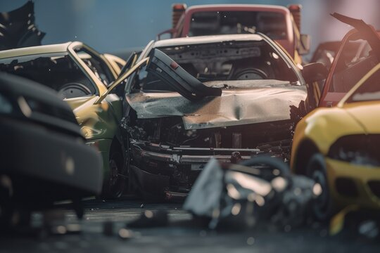 Damaged in heavy car accident vehicles after collision on city street crash site Generative AI