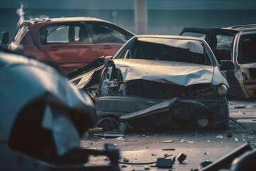 Damaged in heavy car accident vehicles after collision on city street crash site Generative AI