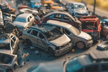 Obraz premium Damaged in heavy car accident vehicles after collision on city street crash site Generative AI