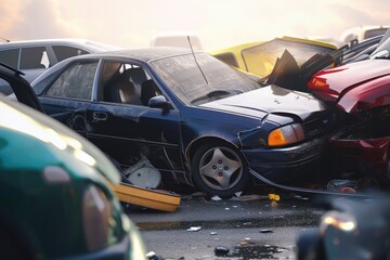 Naklejka na ściany i meble Damaged in heavy car accident vehicles after collision on city street crash site Generative AI