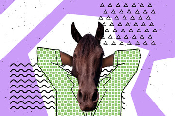 Creative surreal bright retro collage of comics character business person with horse face hands...