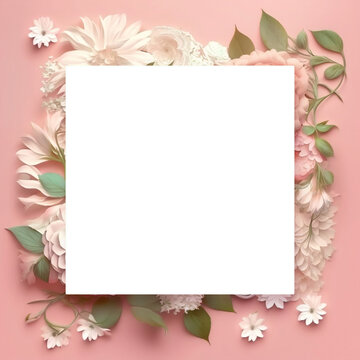 Women's Day concept. Top view photo of bunches of fresh flowers with a white square on isolated pastel green background with copyspace Generative AI