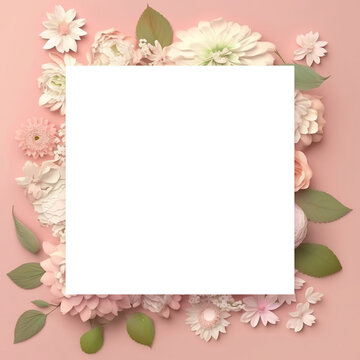 Women's Day concept. Top view photo of bunches of fresh flowers with a white square on isolated pastel green background with copyspace Generative AI