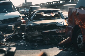 Damaged in heavy car accident vehicles after collision on city street crash site Generative AI
