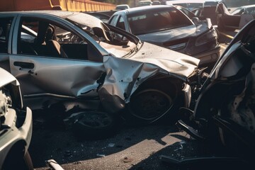 Damaged in heavy car accident vehicles after collision on city street crash site Generative AI