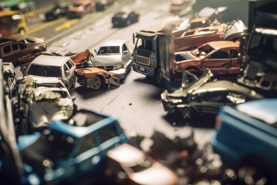 Damaged in heavy car accident vehicles after collision on city street crash site Generative AI