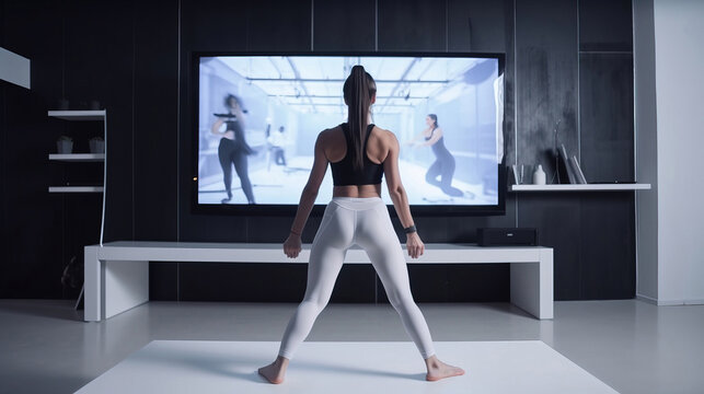 The woman is standing in front of the TV. fitness concept. Generative AI