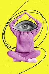 Creative funny poster collage of freak person with eye face hands above head thrid eye wisdom aura...