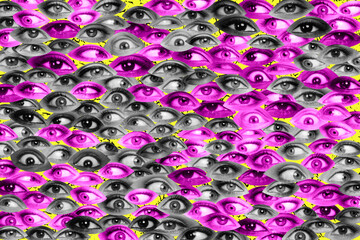 Creative texture graphics collage wallpaper with many multiple eye balls opinion influence control...