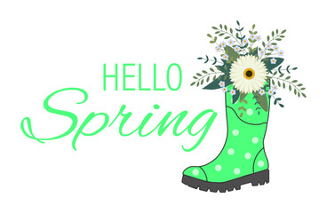 Cute bouquet in green rubber boots. Gardening boot with flowers. Spring Concept