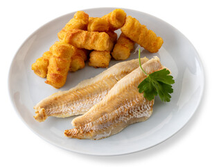Cooked cod fillets with potato croquettes and parsley leaf in white plate . Isolated