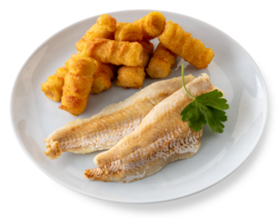 Cooked cod fillets with potato croquettes and parsley leaf in white plate . Isolated