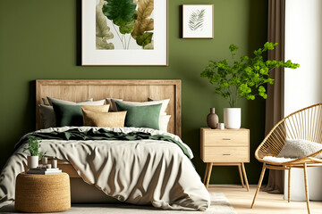 Bedroom interior with green wall and wooden furniture. Generative AI illustration