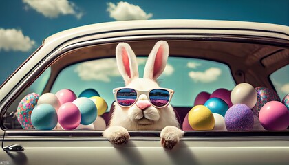 Cute Easter Bunny with sunglasses looking out of a car