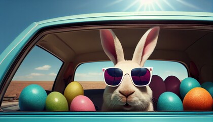 Cute Easter Bunny with sunglasses looking out of a car