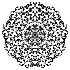 Mandala coloring page with flowers pattern. Black and white doodle wreath. Floral mandala. Bouquet line art vector illustration isolated on white background. Round design element