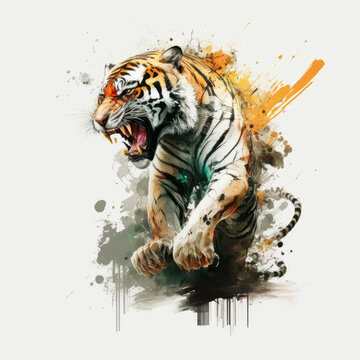 Colorful watercolor painting of a tiger ,made with Generative AI