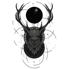 Rolgordijnen Hand drawn beautiful hand sketched deer with sphere. Illustration with deer's portrait with tree eyes. Tattoo art work. Template for card, poster, banner, print for t-shirt. © Tomy