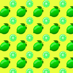 Seamless pattern lime with green leaf and lime sliced. For posters, logos, labels, banners, stickers, product packaging design, etc. Vector illustration