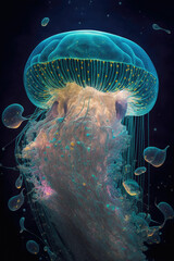 Beautiful blue jellyfish in deep dark water ,made with Generative AI