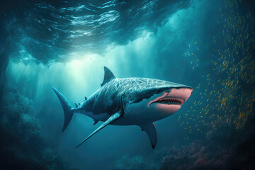 Fototapeta premium Great white shark hunting for a prey in the ocean ,made with Generative AI
