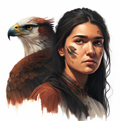 Portrait of young american indian apache girl with eagle, not a real person, made with Generative AI