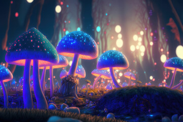 Magic fantasy mushrooms in the forest ,made with Generative AI