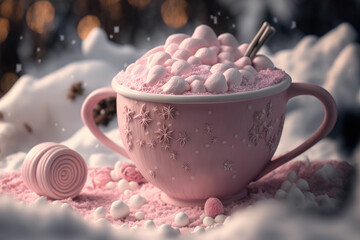 A cup of hot chocolate with marshmallows and a spoon on a wooden table ,made with Generative AI