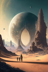Obraz premium Adventurers discovering alien world with big moons ,made with Generative AI