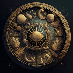 Fototapeta na wymiar Zodiac fantasy, signs with stars and planets, gold on dark background, made with generative AI
