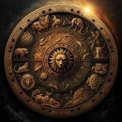 Zodiac fantasy, signs with stars and planets, gold on dark background, made with generative AI