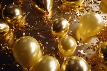 Celebration party banner with golden balloons and serpentine Generative AI
