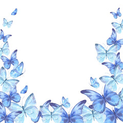 Frame of delicate blue butterflies. Watercolor illustration. Ready-made watercolor illustration for postcards, flyers, invitations