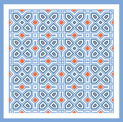 Fototapeta na wymiar Arabesque geometric tissue pattern. Mosaic square fabric background. Muslim arab style texture with asian decor motifs.