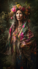 Shaman, goddess of Earth and Motherhood, deep connection to nature and earth, elder woman, beautiful. Generative AI.