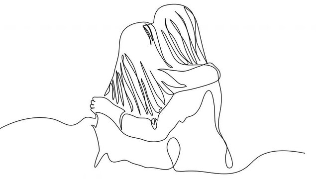 Self-drawing hugging girls in one line on a white screen. Girlfriends in 4K with alpha channel. Stock video of close relationships of women.