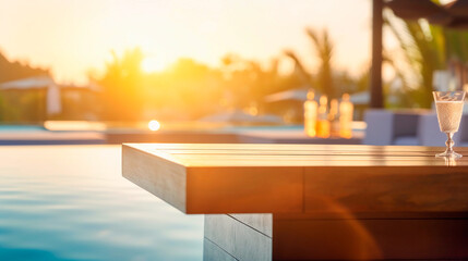 Bar counter On the beach or by the pool  blurred background bar, sunset light . Generative AI	