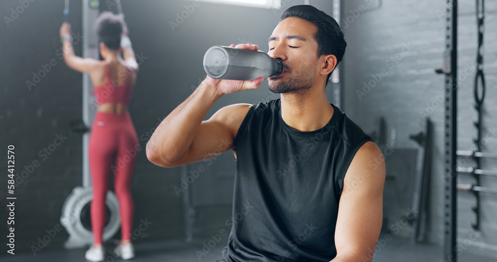 Sticker Man, tired and drinking water in gym workout, training and exercise break for energy recovery and muscle rest. Personal trainer, fitness coach and drink for wellness, sports health and weight loss