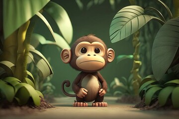 Cute Cartoon Monkey in the Jungle (Generative AI)
