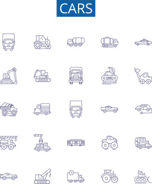 Cars line icons signs set. Design collection of Automobile, Sedan, SUV, Crossover, Hatchback, Convertible, Coupe, Hybrid outline concept vector illustrations