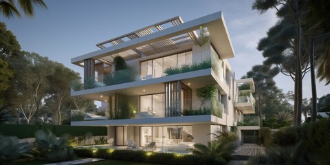 Fototapeta na wymiar Luxurious residential development with pool, generative ai