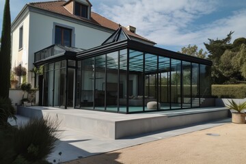 Luxury stone French mansion with veranda pool and garden, generative ai